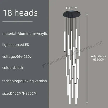 Modern minimalist loft black chandelier with 18 slender white acrylic rods and aluminum base by decorbites loft black