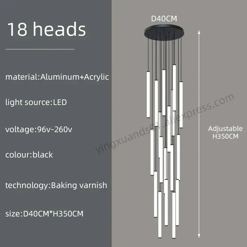 Modern minimalist loft black chandelier with 18 slender white acrylic rods and aluminum base by decorbites loft black