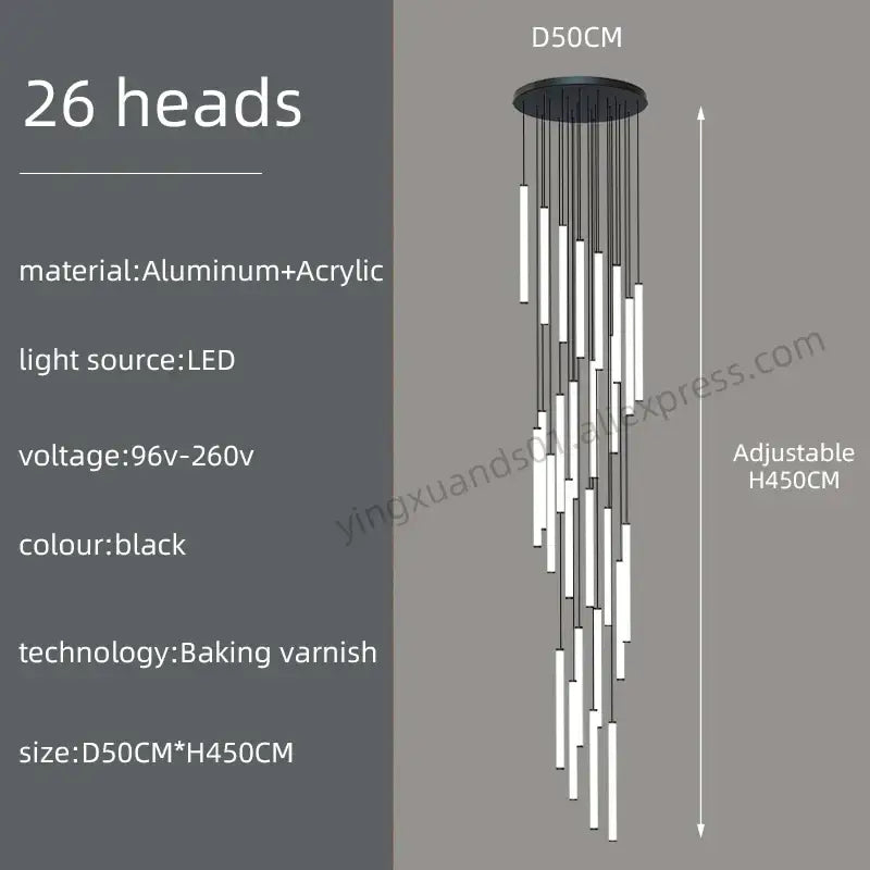 Modern minimalist loft black chandelier with 26 slender led light heads made of aluminum and acrylic by decorbites loft black