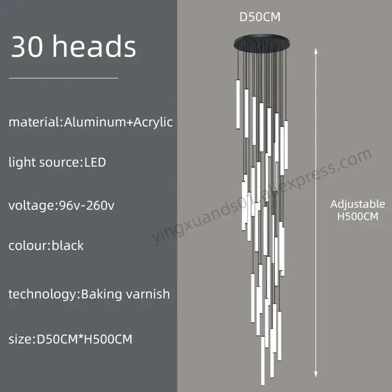 Modern minimalist loft black chandelier with 30 slender led light heads on circular aluminum base by decorbites loft black
