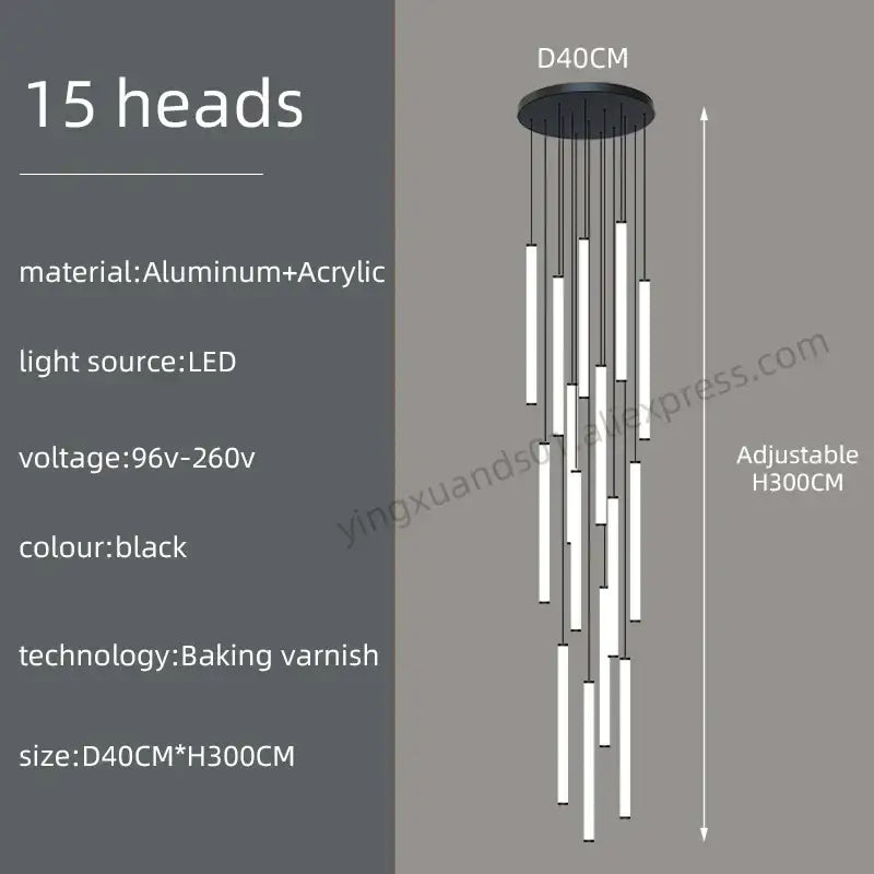 Black modern pendant light fixture with 15 vertical led heads made of aluminum and acrylic for decorbites loft black chandelier