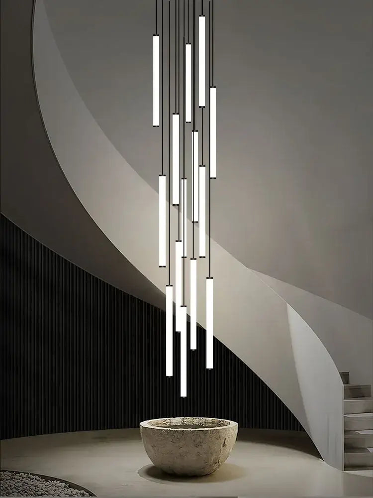 Modern minimalist loft black chandelier with vertical white illuminated bars suspended by thin black cords for living room decorbites loft black