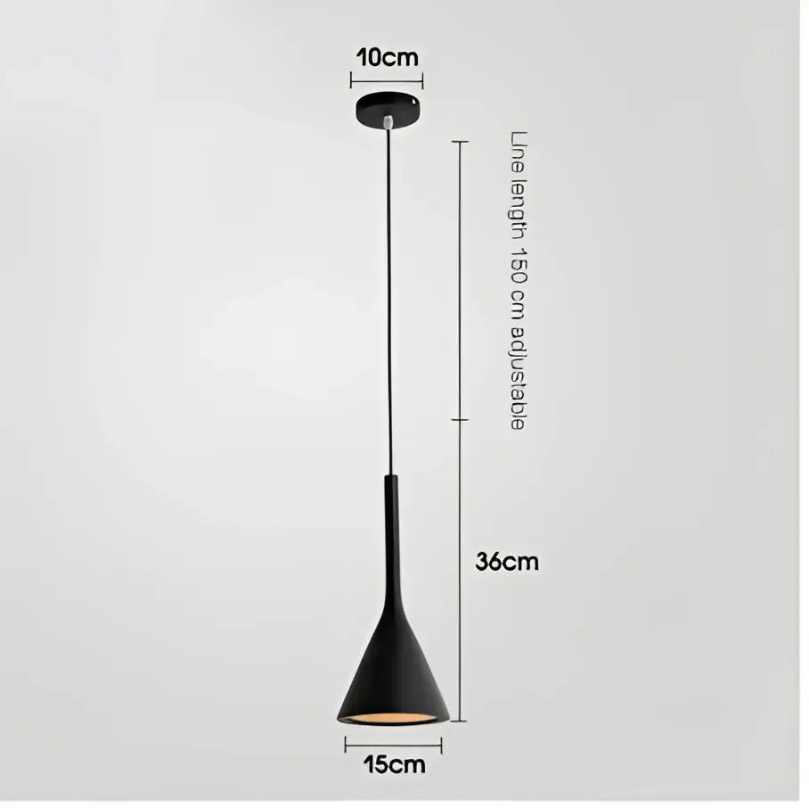 Black matte metal pendant light with conical shape 15cm diameter base and adjustable 160cm line length for kitchen use