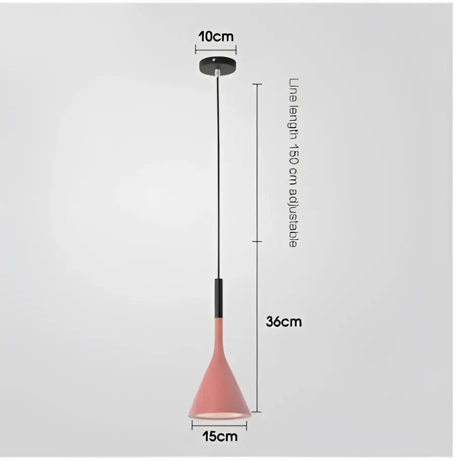 A sleek modern metal pendant light with a matte pink conical shade and black stem for kitchen use