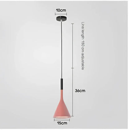 A sleek modern metal pendant light with a matte pink conical shade and black stem for kitchen use