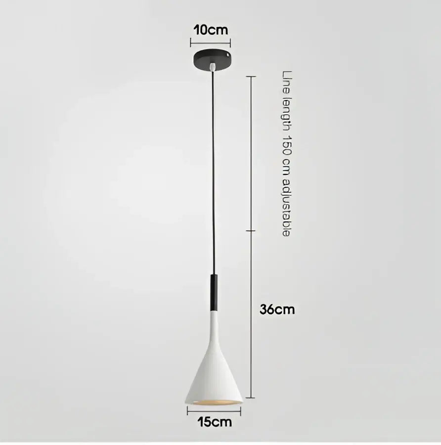 A sleek white conical metal pendant light with a black stem and 15cm adjustable line in a kitchen set