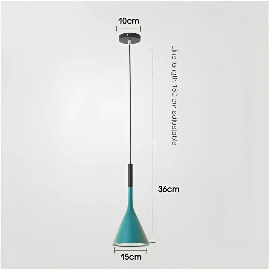 Teal conical metal pendant light with sleek modern design and adjustable black cord for kitchen use