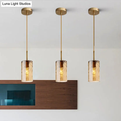 Modern Minimalist Ripple Glass Hanging Pendant Lamp for Dining Room - 1-Light Cylinder Design