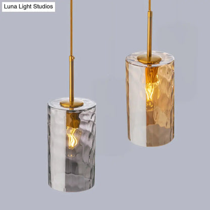 Modern Minimalist Ripple Glass Hanging Pendant Lamp for Dining Room - 1-Light Cylinder Design