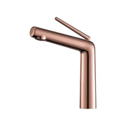 Modern minimalist rose gold basin faucet with single handle and sleek design for cold water control in bathroom