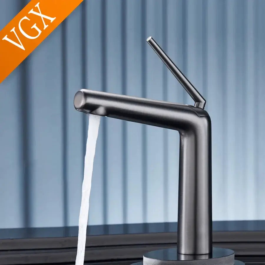 Modern minimalist rose gold basin faucet with sleek matte black finish and single lever handle for cold water control