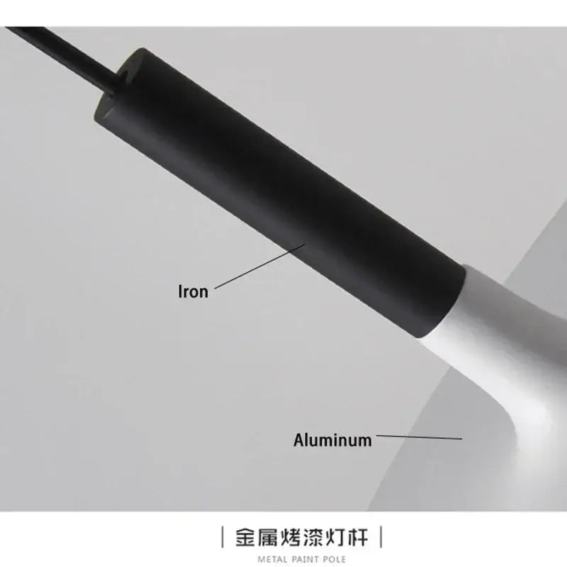 Black-painted iron and aluminum metal pole with matte finish for modern minimalist led ufo pendant lights in dining room