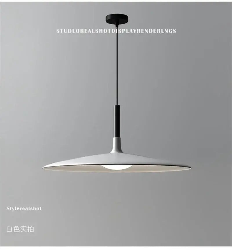 Minimalist white led ufo pendant light with disc-shaped shade and black suspension rod for modern dining rooms