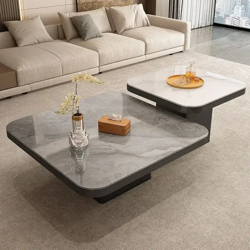 Modern minimalist coffee table set featuring a two-tier gray marble top and black frame for living room use