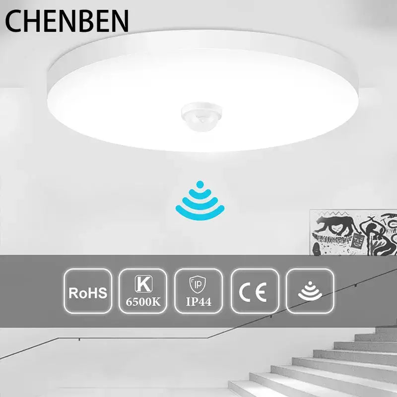 Modern minimalist white ceiling light with sleek design and motion sensor featuring decorbites induction led ceiling technology