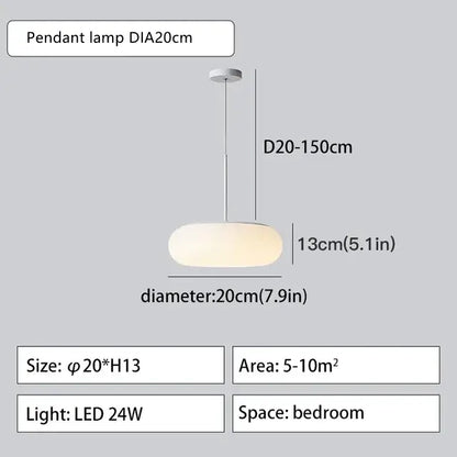 Modern minimalist white ceiling pendant lamp with frosted glass shade and slender metallic rod for kitchen bedroom