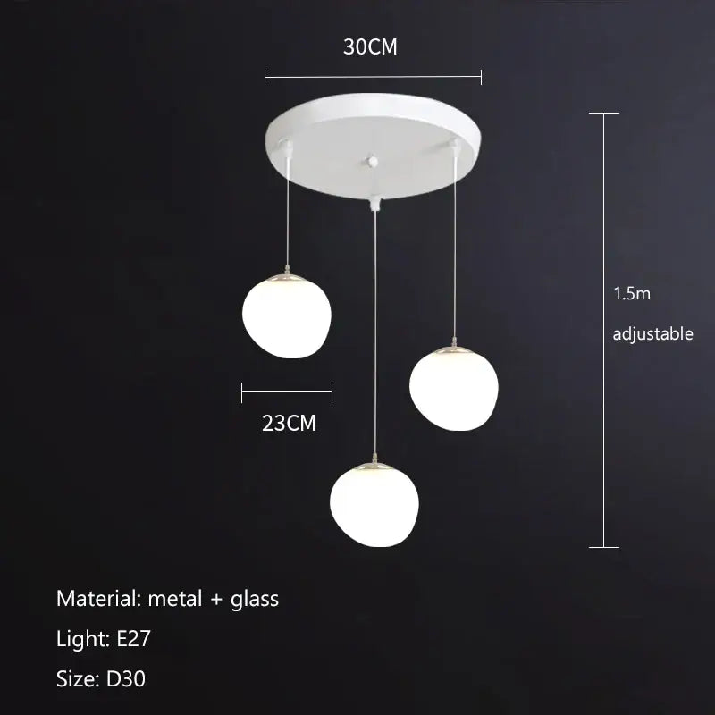Modern minimalist white pendant light with three cobblestone glass led globes by decorbites for stairway decor