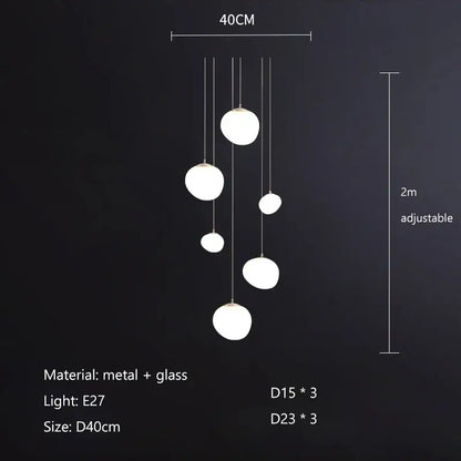 Modern minimalist white cobblestone glass led pendant light with cascading spherical design for stairway decorbites cobblestone glass