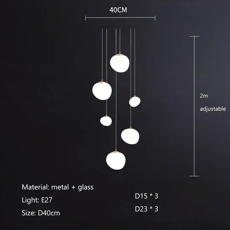 Modern minimalist white cobblestone glass led pendant light with cascading spherical design for stairway decorbites cobblestone glass