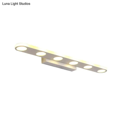 Modern minimalist white finish acrylic shade vanity light with five circular bulbs and maximum bulb wattage for bathroom use