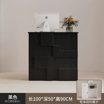 Black modern office desk with geometric stepped design and matte wood grain finish for living room lockers use