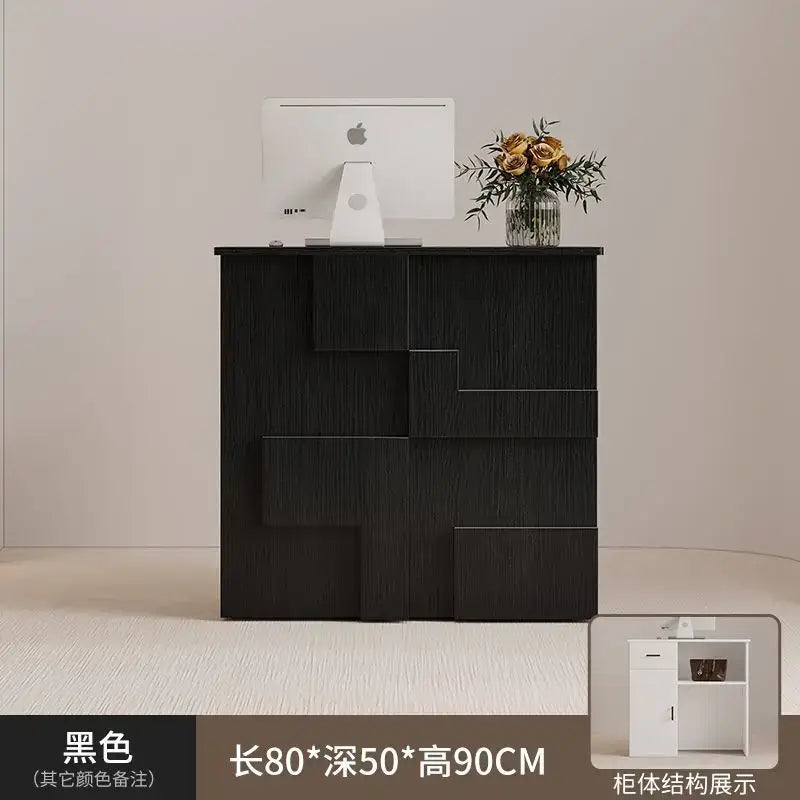 Black modern office desk with geometric layered design and wood grain finish for living room lockers and room lockers