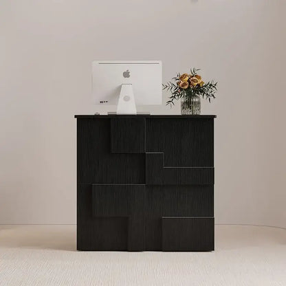 Modern minimalist black geometric-patterned desk with matte finish and layered panels for living room lockers