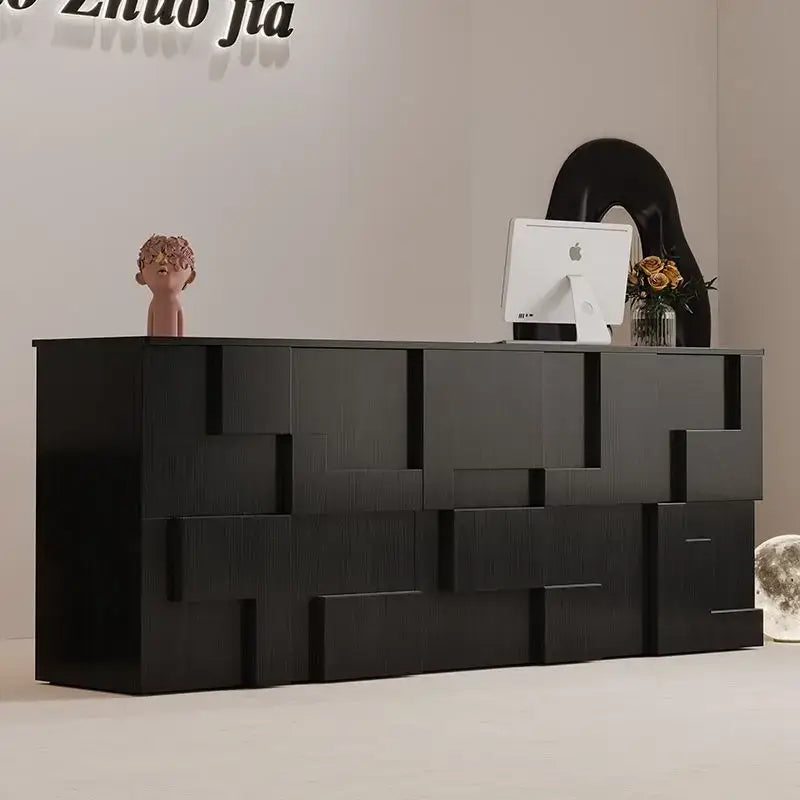 Modern black geometric reception desk with matte finish and layered panels ideal for living room lockers use
