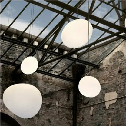 Modern minimalist white glass ball led pendant lights hang from metal ceiling structure for living room decorbites pendant lights