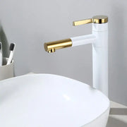 Modern minimalist white and gold black brass bathroom sink faucet featuring sleek decorbites black brass design