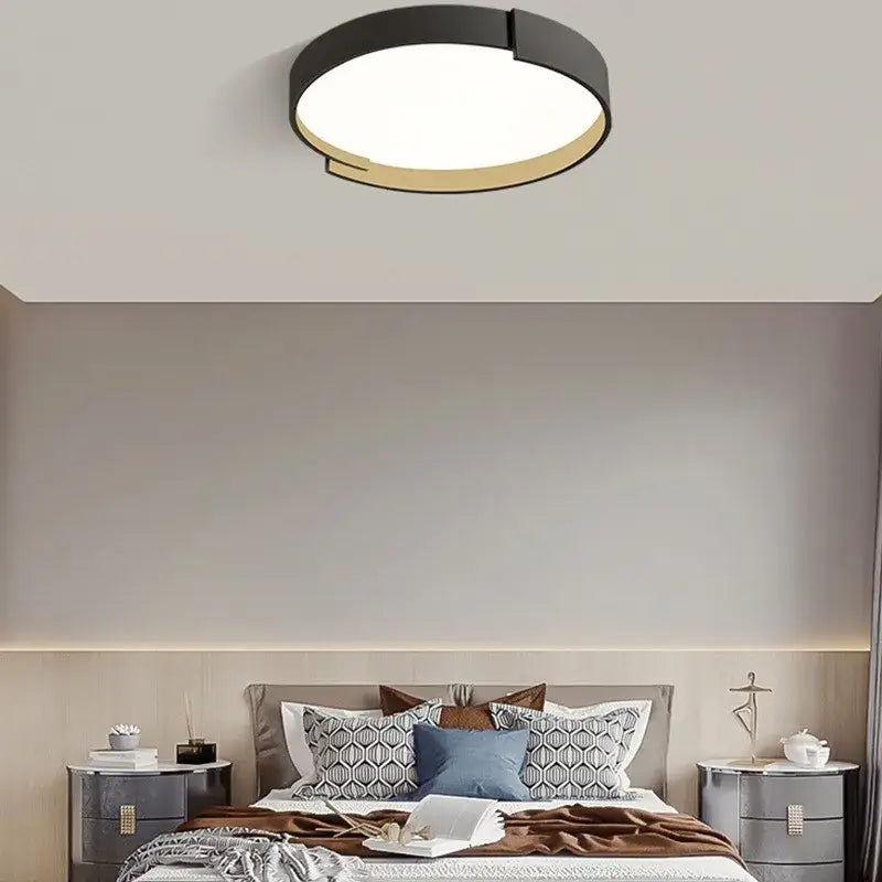 Modern minimalist white and gray led ceiling lamp with black outer ring and gold trim for bedrooms by decorbites led ceiling