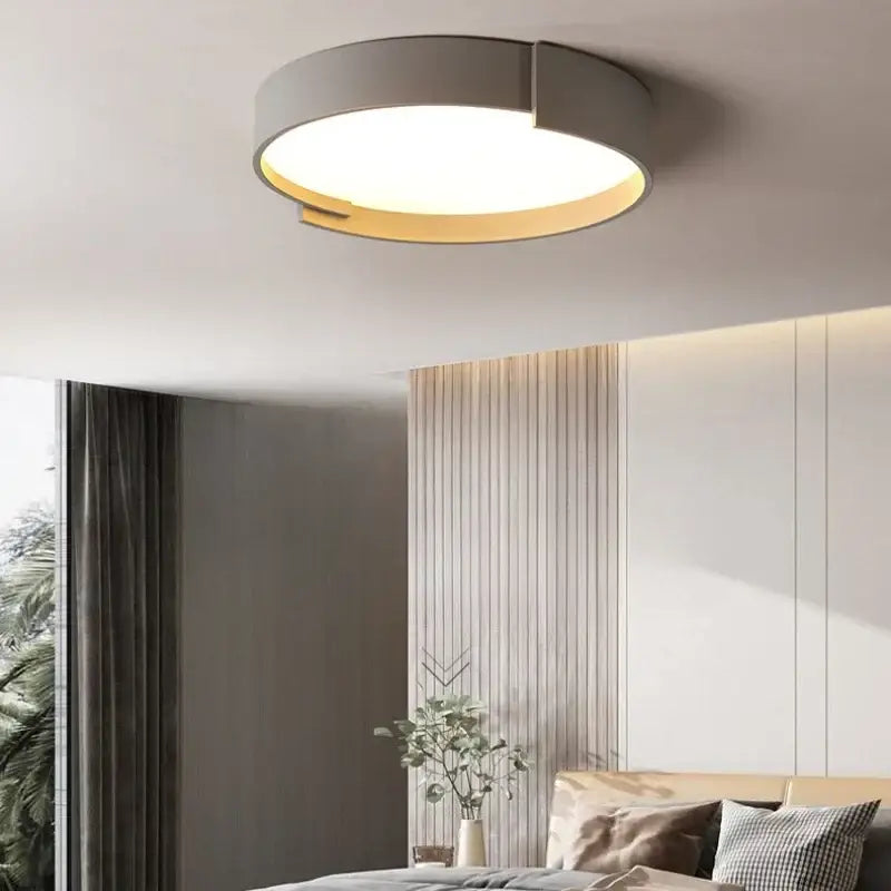 Modern minimalist white and gray led ceiling lamp with matte gray ring and warm gold trim for bedroom decorbites led ceiling