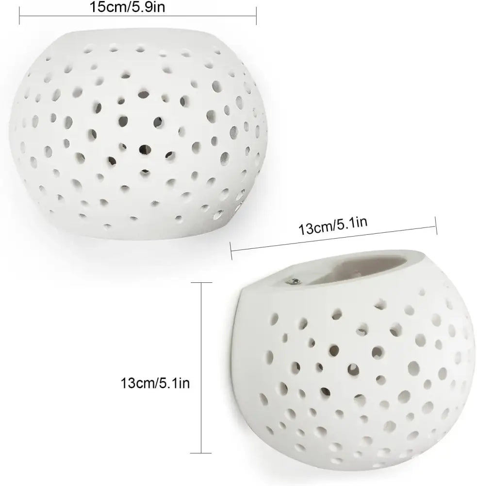 Modern minimalist white gypsum led wall lamp featuring a spherical ceramic diffuser with evenly spaced perforations