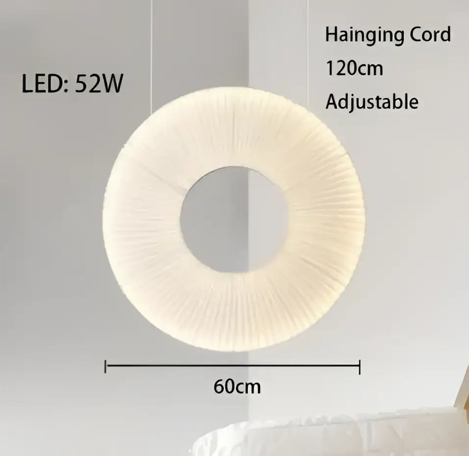 Cream-colored circular led pendant light with pleated fabric design and adjustable 120cm hanging cord for bedroom use