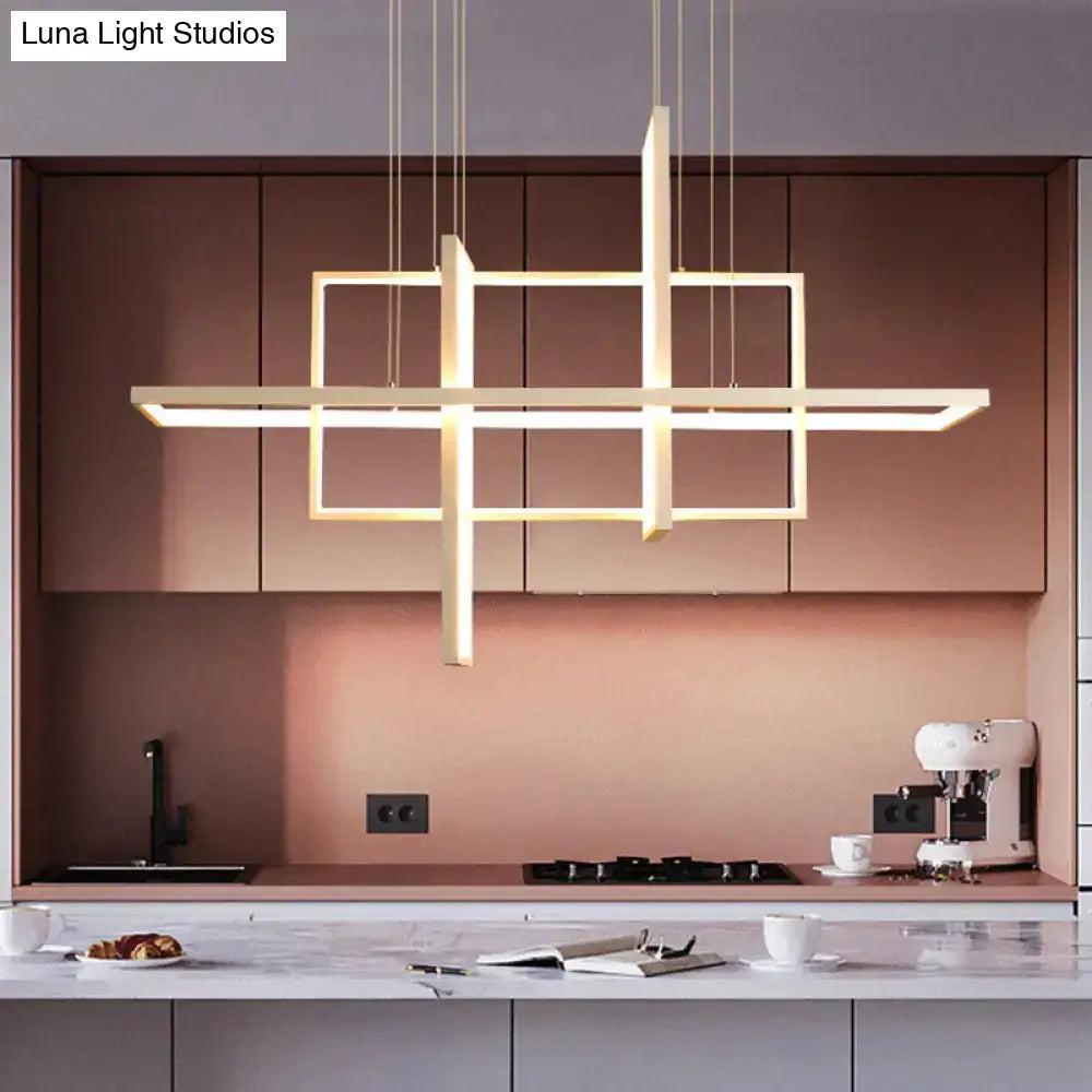 Modern minimalist white led rectangular pendant light x10 x12 with warm gold geometric intersecting frames