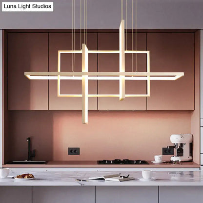 Modern minimalist white led rectangular pendant light x10 x12 with warm gold geometric intersecting frames