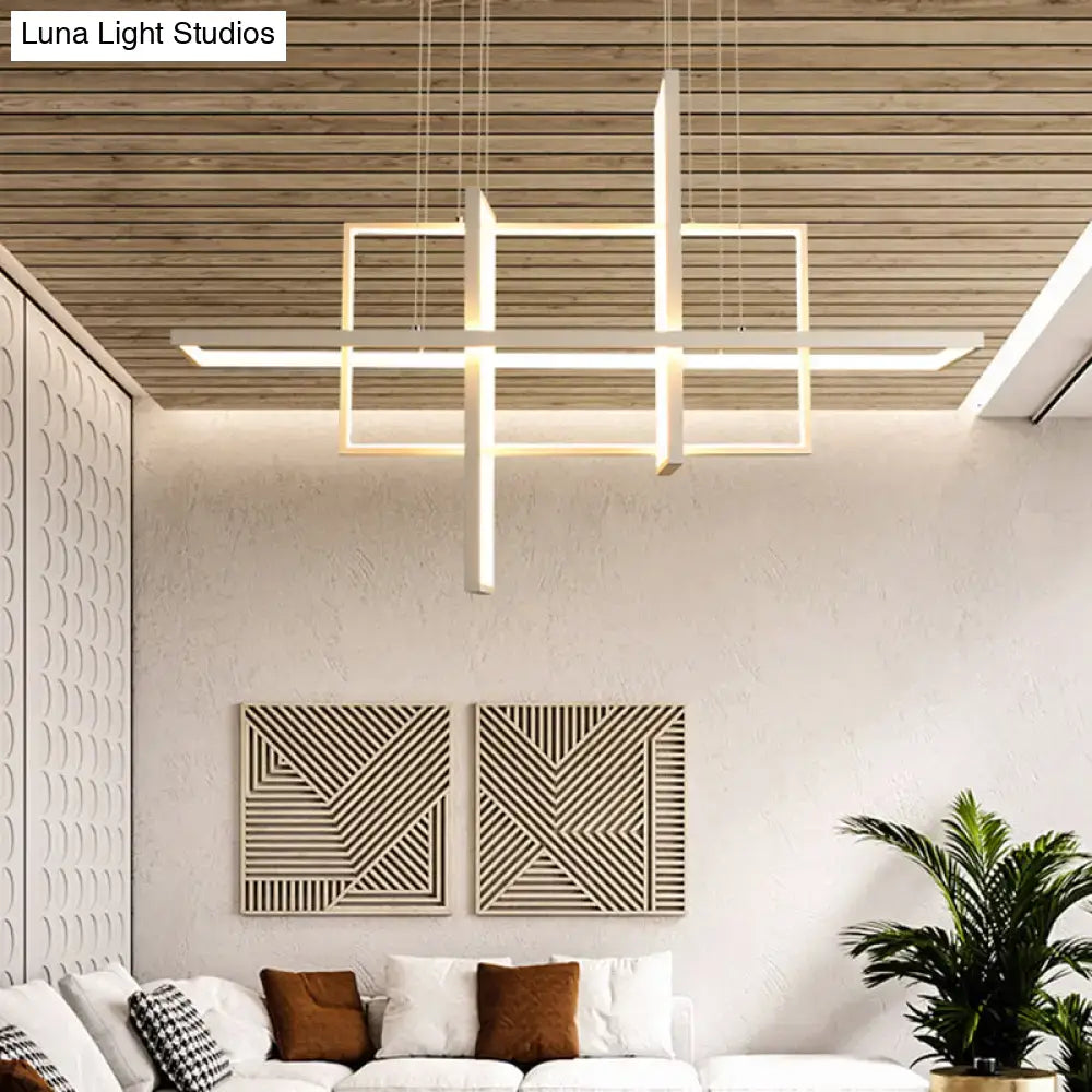 Modern minimalist white led rectangular pendant light x10 x12 with intersecting geometric bars and warm illumination