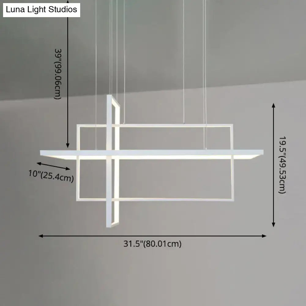 Modern minimalist white led rectangular pendant light x10 x12 with intersecting geometric frames and illuminated edges