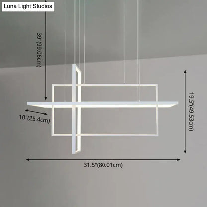 Modern minimalist white led rectangular pendant light x10 x12 with intersecting geometric frames and illuminated edges
