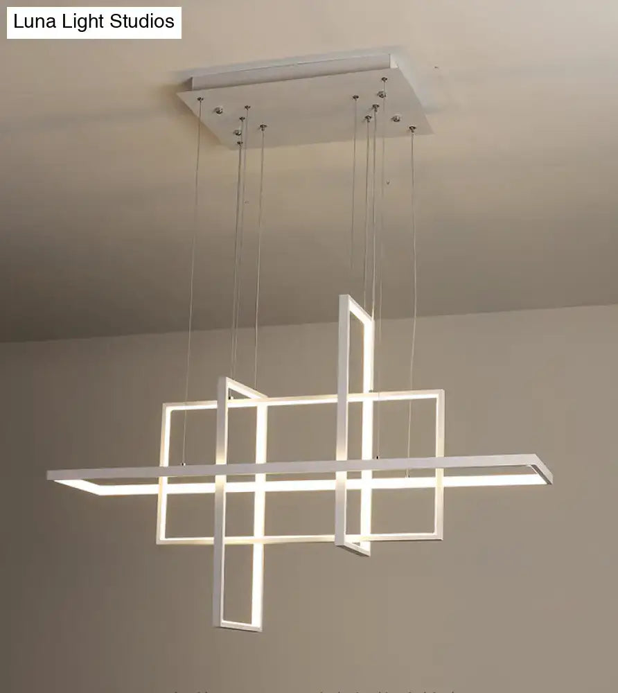 Modern minimalist white led rectangular pendant light x10 x12 with geometric intersecting frames suspended by cords