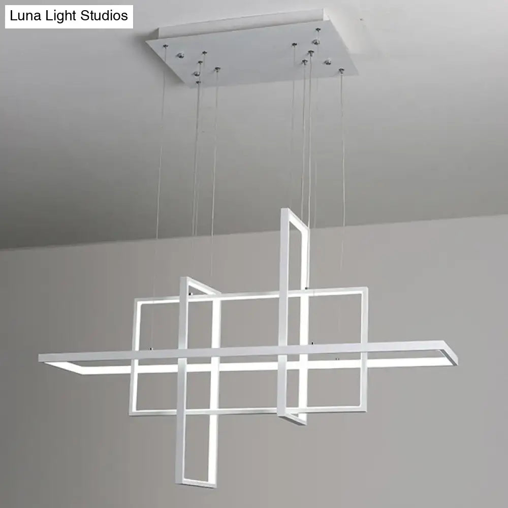 Modern minimalist white led rectangular pendant light with intersecting frames for kitchen use x10 x12 model