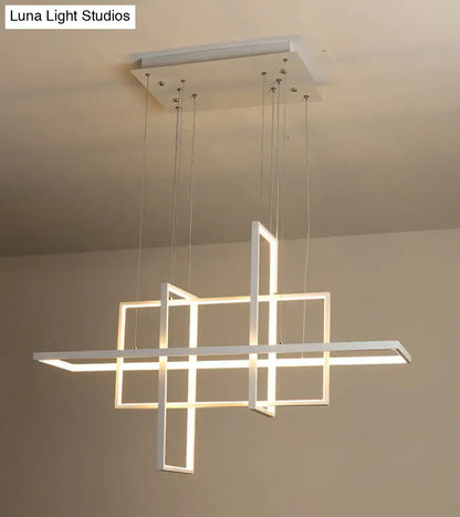 Modern minimalist white led rectangular pendant light x10 x12 with geometric intersecting frames and square ceiling mount
