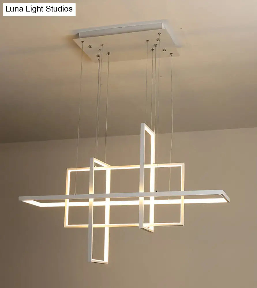 Modern minimalist white led rectangular pendant light x10 x12 with geometric intersecting frames and square ceiling mount
