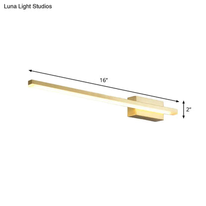 Modern minimalist gold-finished led wall light fixture with sleek rectangular design emitting warm light for bathroom vanity