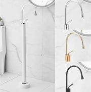 Modern minimalist white standing bathtub faucet with curved spout and chrome accents for floor standing bathtub use