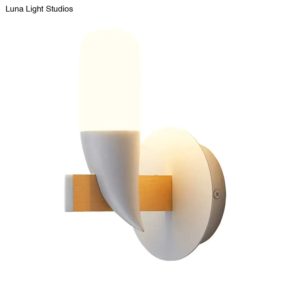 Modern minimalist white and wood wall lamp with sleek ceramic shade and adjustable size range wall light for bedroom use