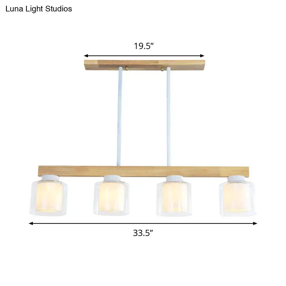 Modern minimalist wood and white glass pendant light with four frosted heads dining room fixture suspended by cords