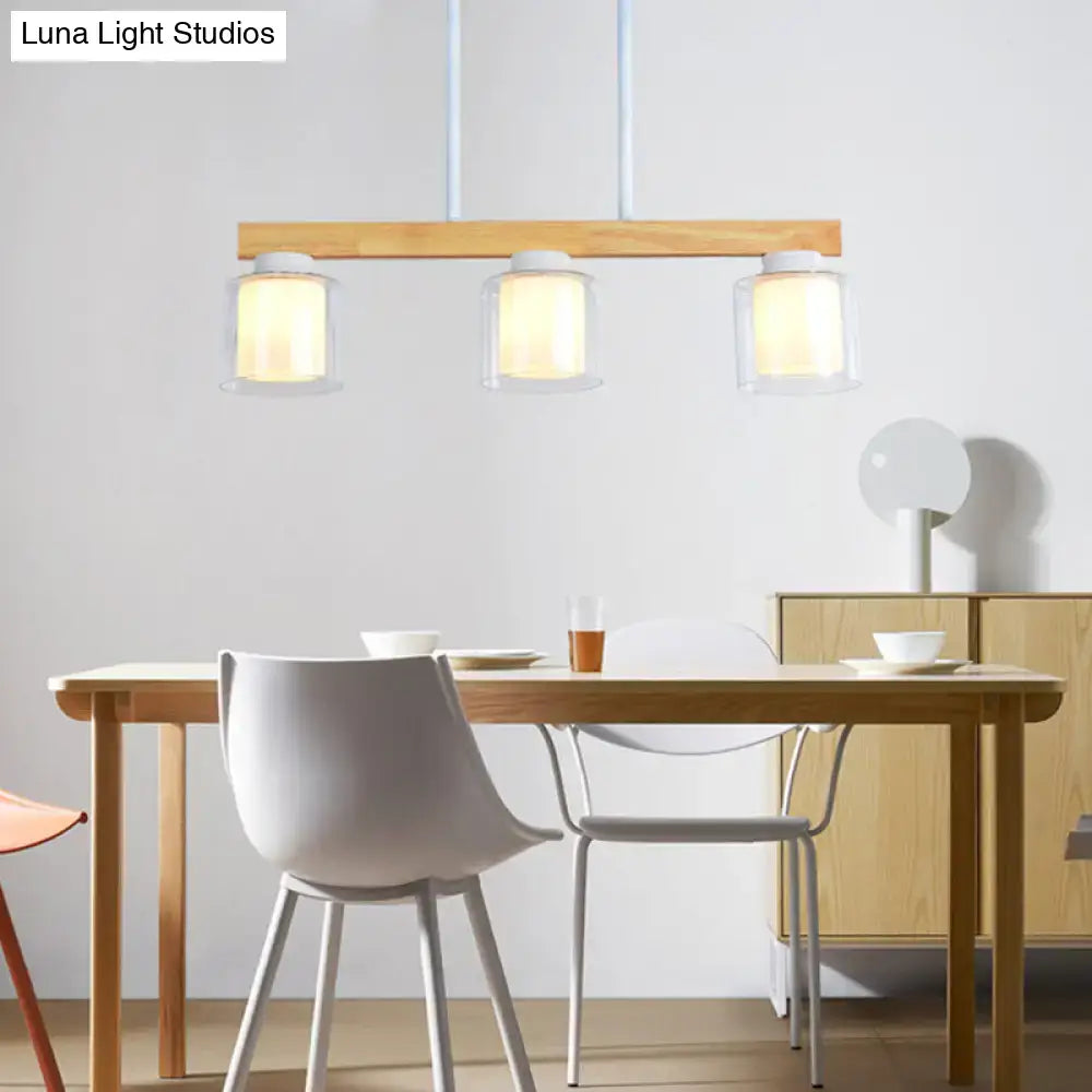 Modern wooden bar pendant light with three white glass shades designed for heads dining room or dining room use