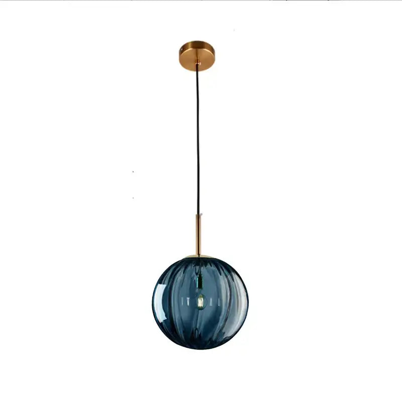 Blue glass ball pendant lamp with brass-finished ceiling mount and cord for modern dining room decorbites glass ball decor