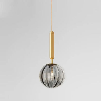 Modern multi color glass pendant light with painted iron finish gold rod and smoky gray ribbed glass globe for dining room